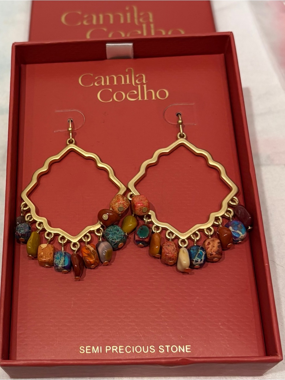 Camila Coelho Gold-tone Earrings with Multicolor Semi Precious Gem Stone Charms
